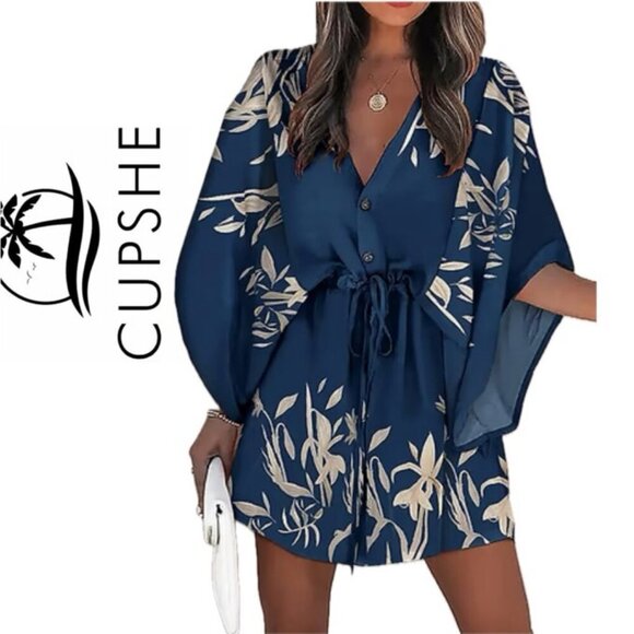 CUPSHE DRESS OVERSIZED SZ M  FLARED SLEEVES NAVY BLUE TAN BEACHY CHIC SUMMER - Picture 1 of 16